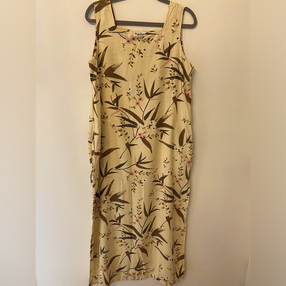 Papillon Women’s Linen Blend Tank Yellow Hawaiian Print Maxi Dress Size M